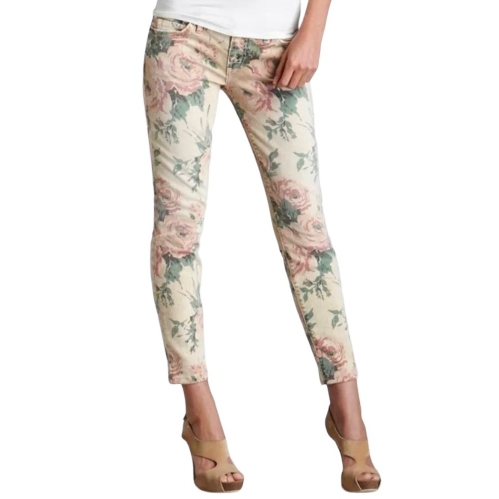 Current/Elliott Floral Print Cream Pink Cropped Ankle Skinny Jeans